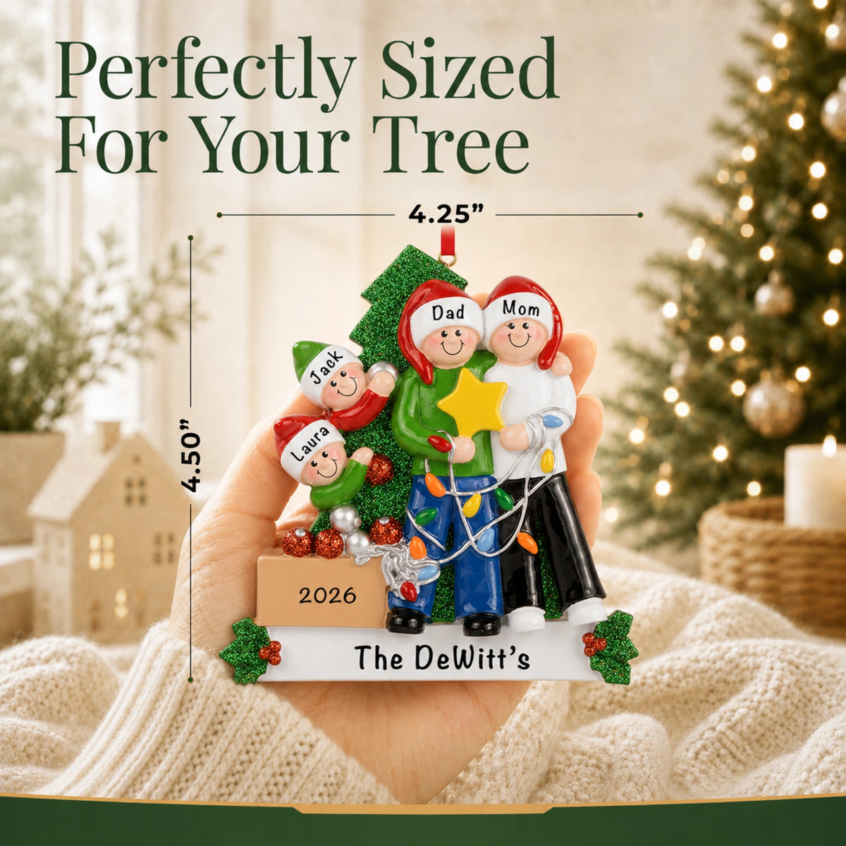 Personalized family of 4 Christmas ornament shown at 4.25 by 4.50 inches, perfectly sized for your tree
