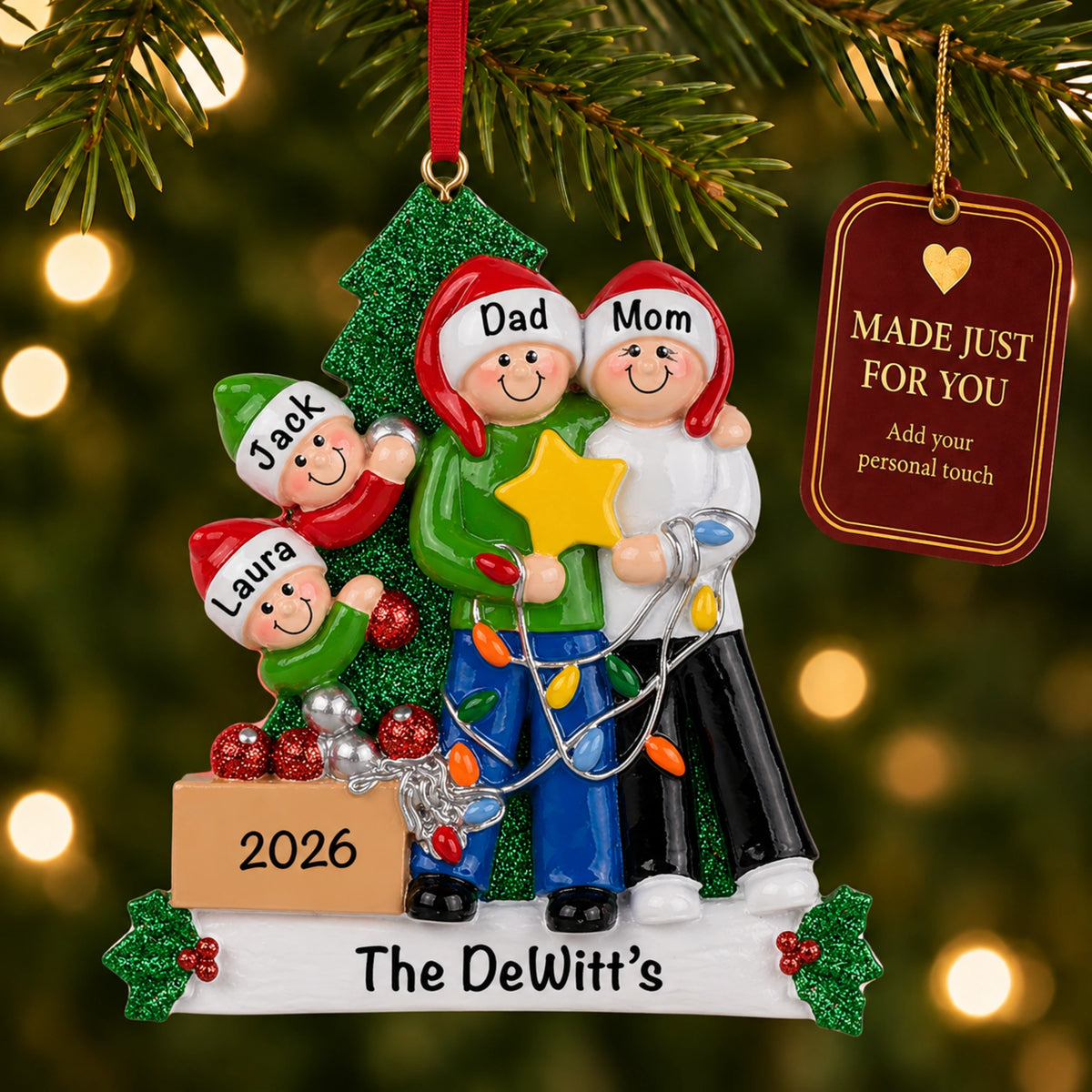 Personalized family of 4 Christmas ornament hanging on the tree, made just for you with names and year