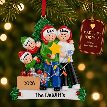 Personalized family of 4 Christmas ornament hanging on the tree, made just for you with names and year