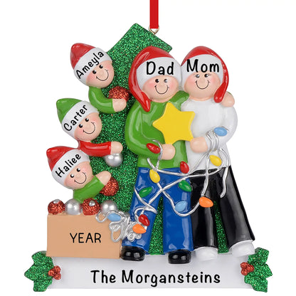 Personalized decorating the tree family of 5 Christmas ornament with names, the year and family name