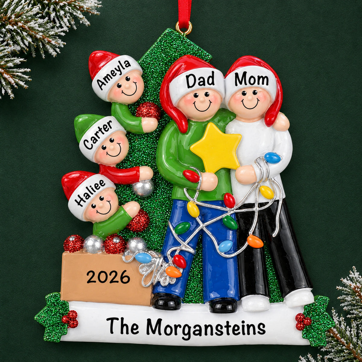 Personalized decorating the tree family of 5 Christmas ornament with five faces, names, 2026 and family banner