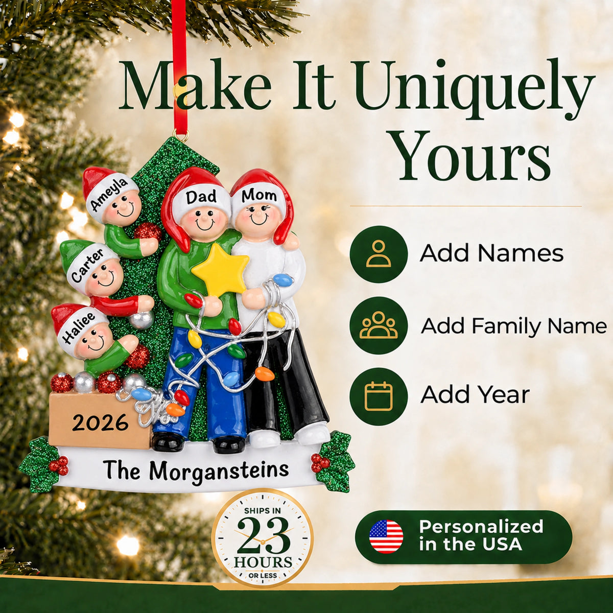 Personalized decorating the tree family of 5 Christmas ornament, add names, family name and year, made in USA