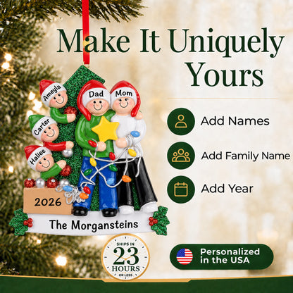 Personalized decorating the tree family of 5 Christmas ornament, add names, family name and year, made in USA