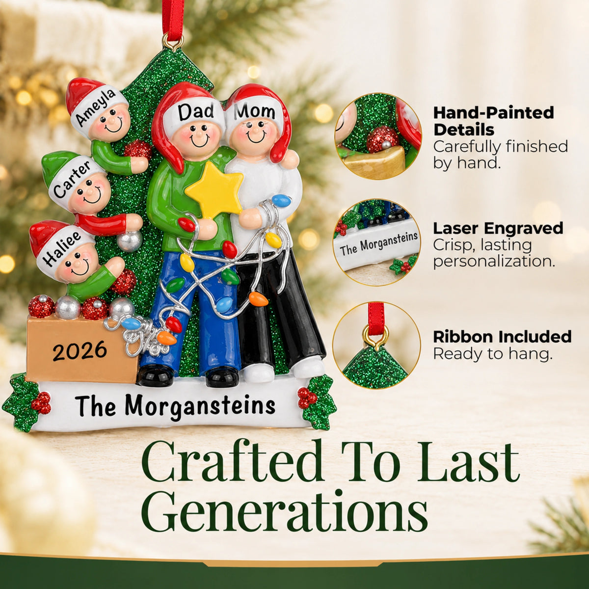 Hand-painted, laser-engraved personalized decorating the tree family of 5 Christmas ornament with ribbon to hang
