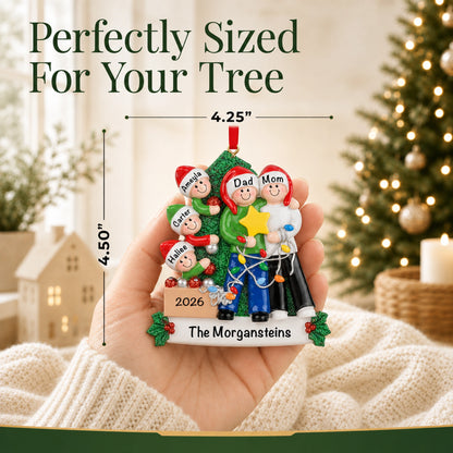 Personalized decorating the tree family of 5 Christmas ornament in hand, about 4.5 inches, sized for your tree