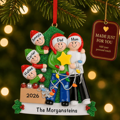 Personalized decorating the tree family of 5 Christmas ornament on tree with a Made Just For You gift tag