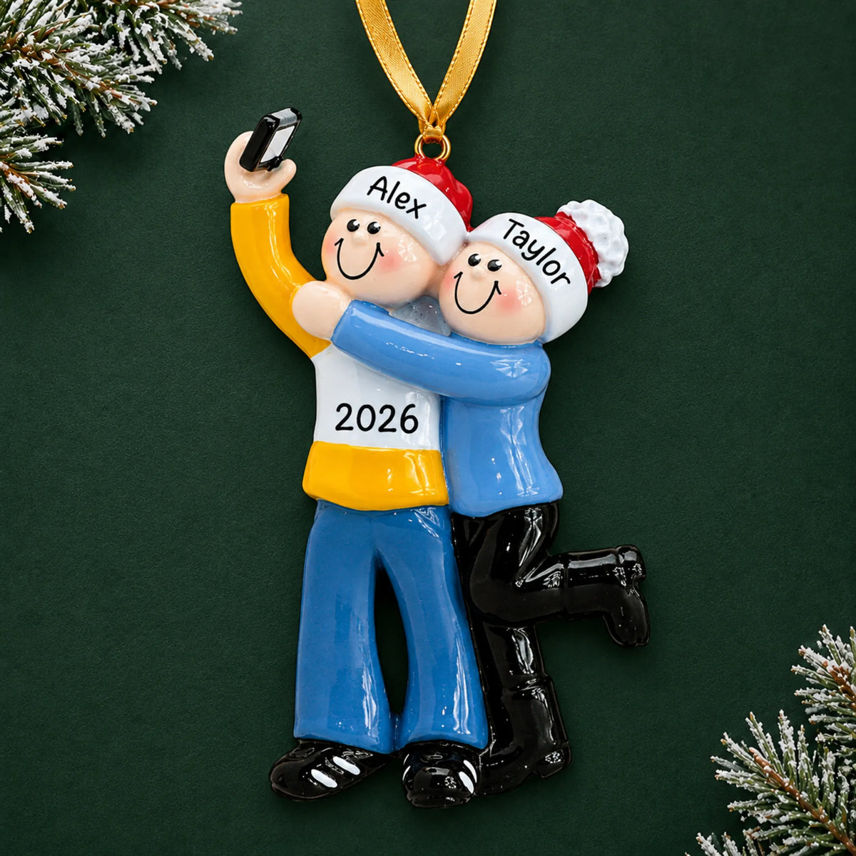 Personalized selfie couple christmas ornament on a dark green pine background