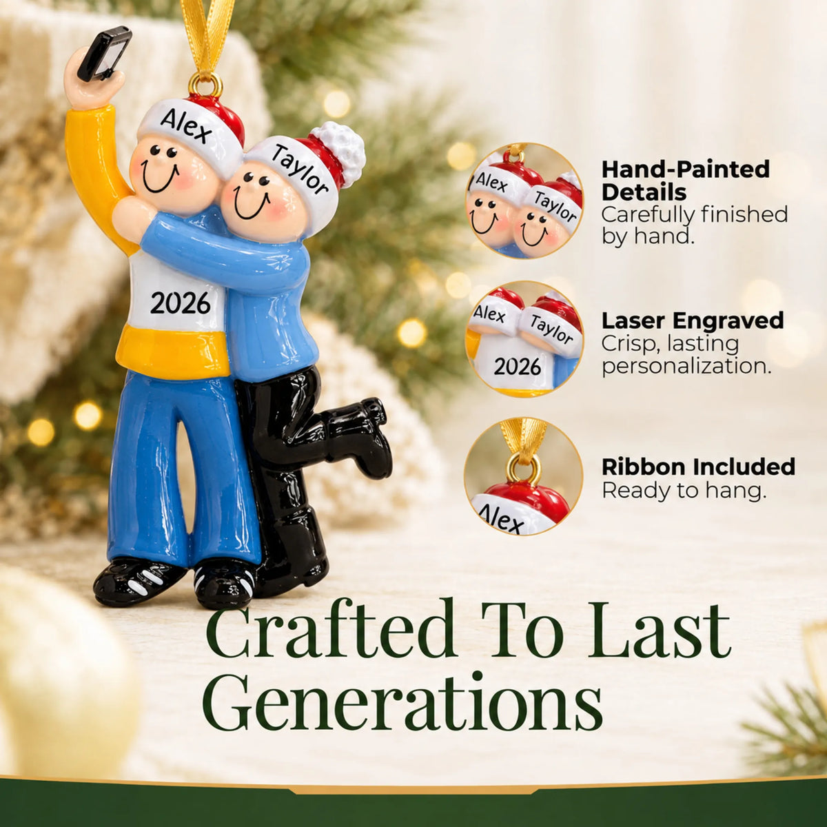 Hand-painted details and laser engraved personalization on the selfie couple christmas ornament, ribbon included