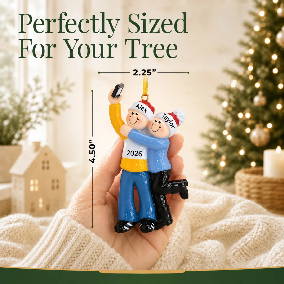 Size guide: the personalized selfie couple christmas ornament is 2.25 in wide by 4.50 in tall, shown in hand