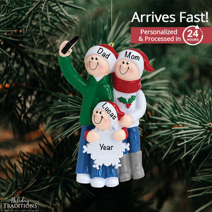 Selfie Family of 3 Personalized Ornament