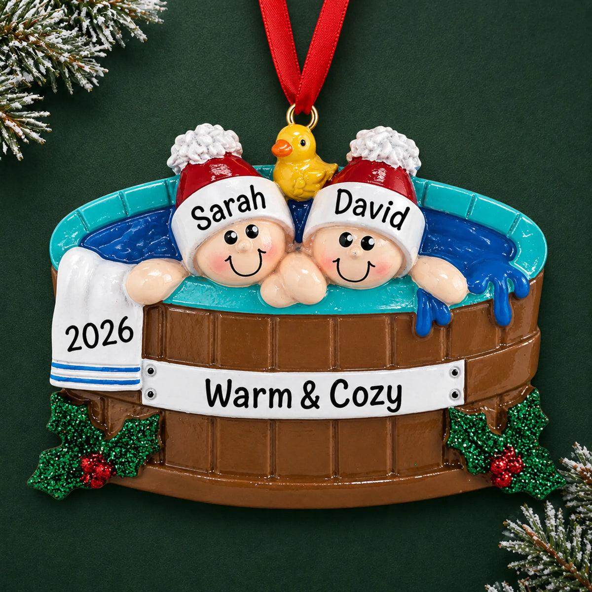 Personalized hot tub couple christmas ornament on a dark green pine background