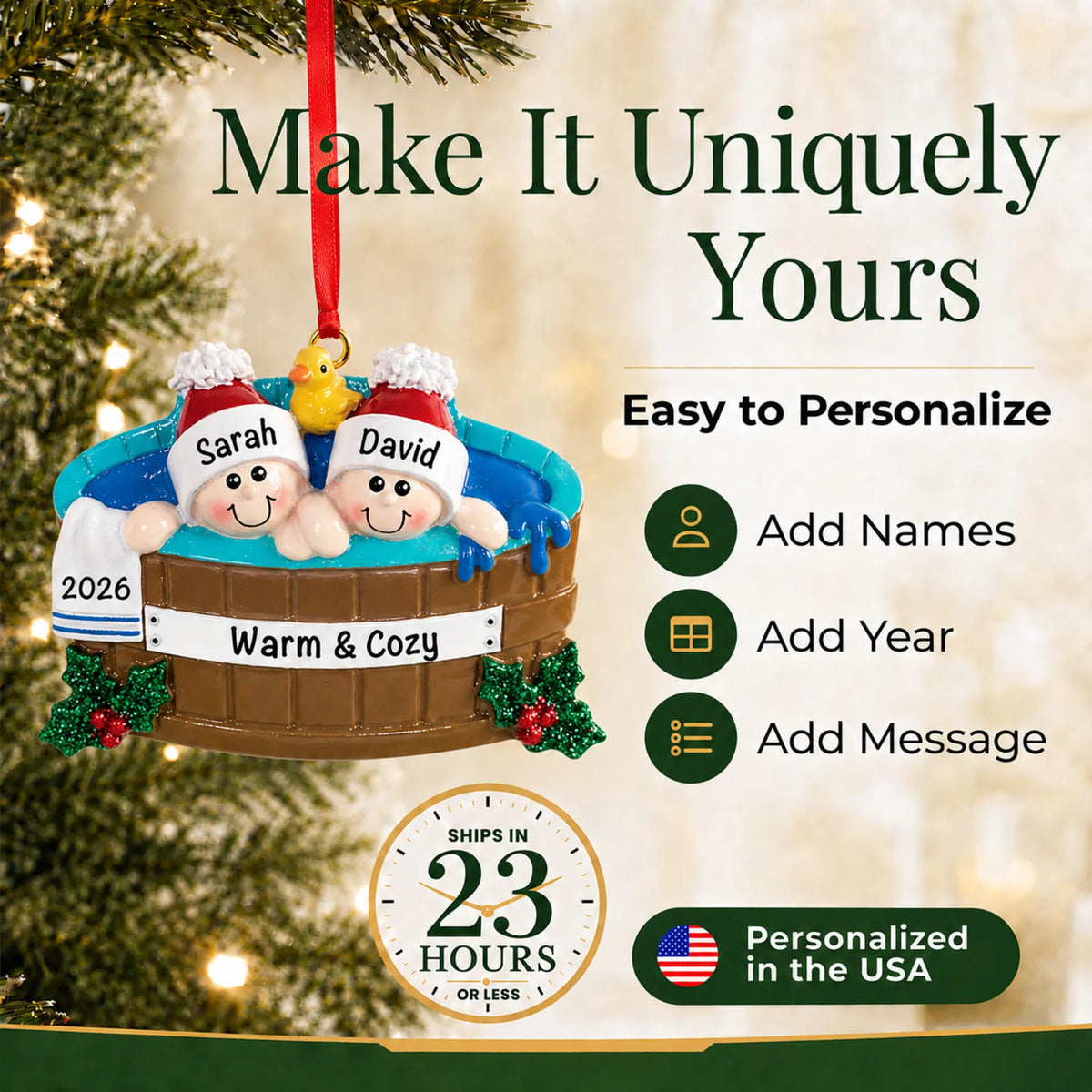 Make it yours: add names to the personalized hot tub couple christmas ornament