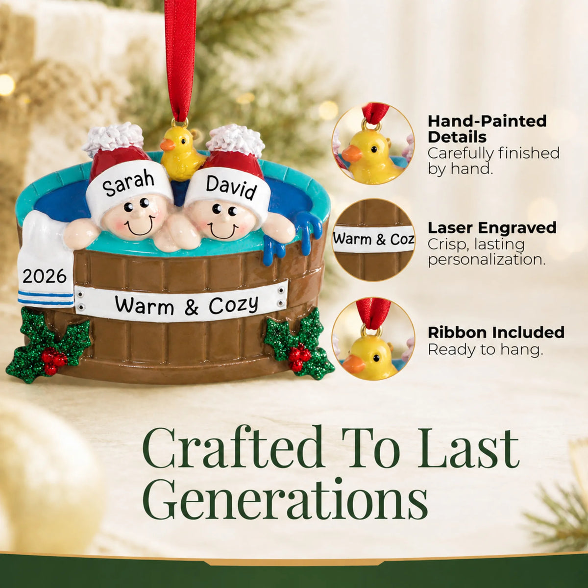 Hand-painted details and laser engraved personalization on the hot tub couple christmas ornament, ribbon included