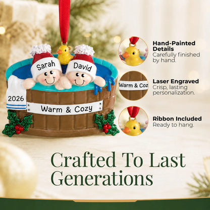 Hand-painted details and laser engraved personalization on the hot tub couple christmas ornament, ribbon included