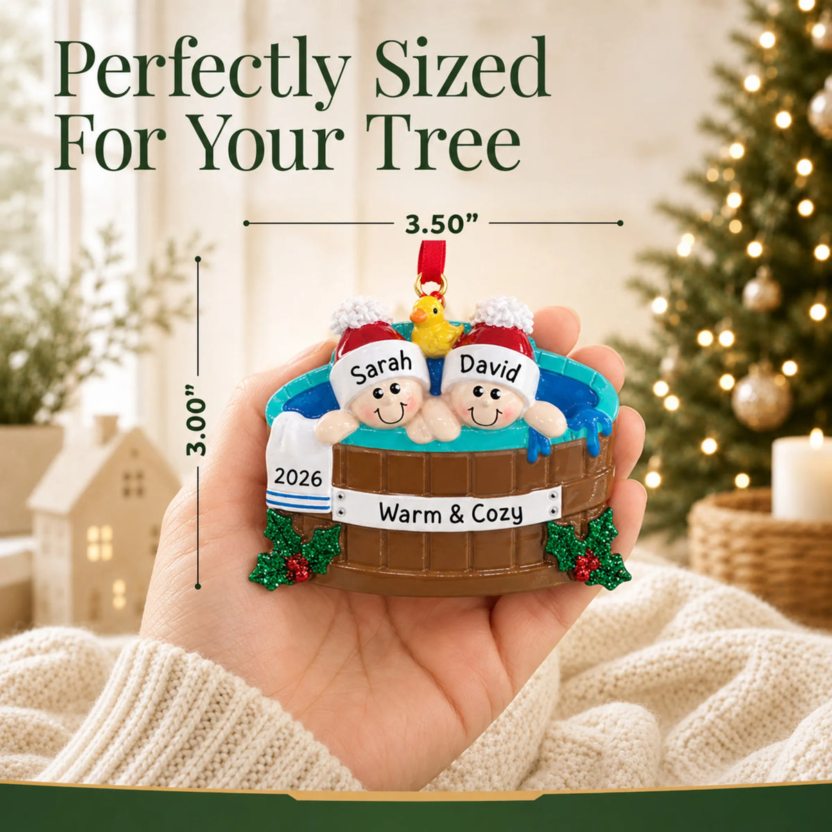 Size guide: the personalized hot tub couple christmas ornament shown in hand next to a Christmas tree