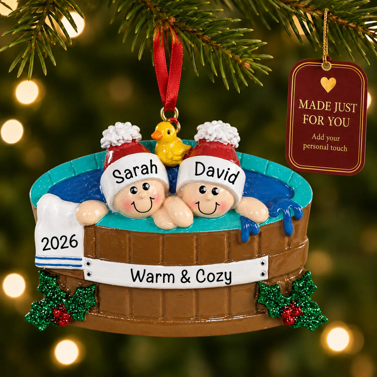 Hot tub couple christmas ornament hanging on a lit Christmas tree with a Made Just For You gift tag