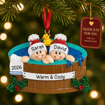 Hot tub couple christmas ornament hanging on a lit Christmas tree with a Made Just For You gift tag