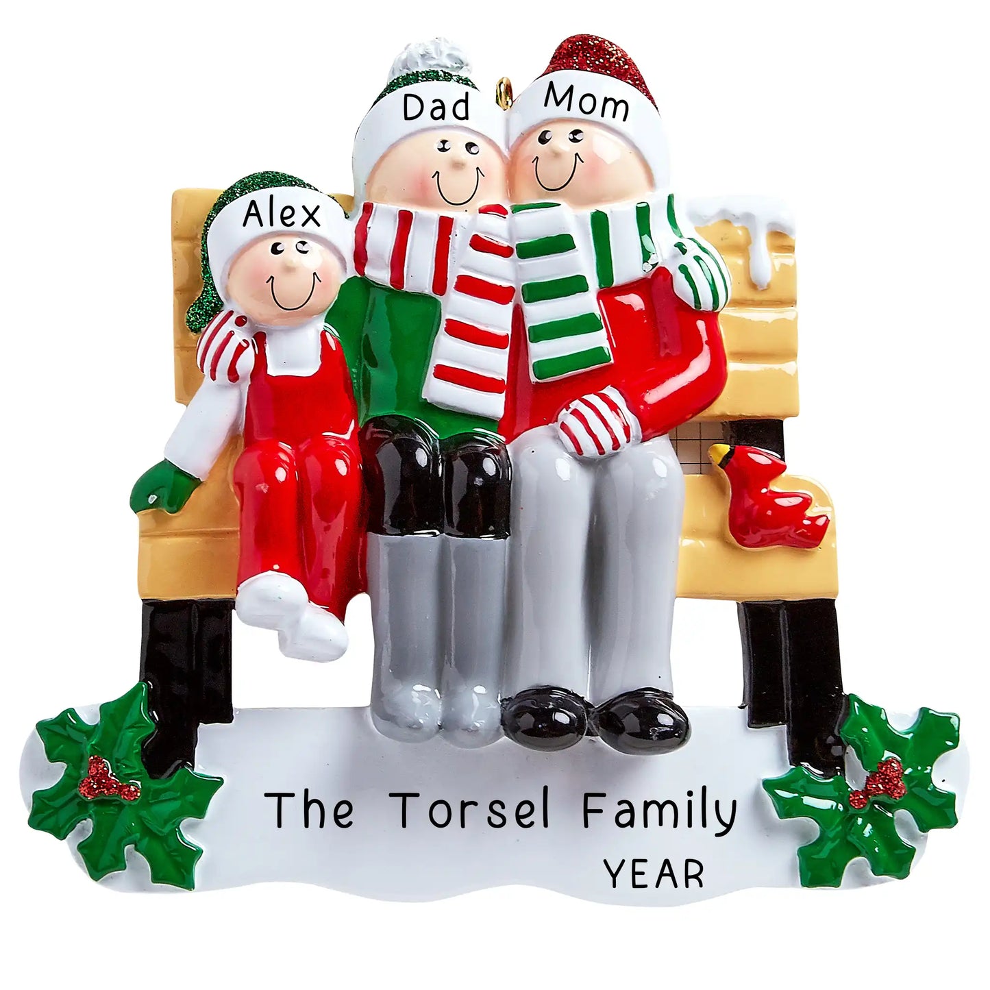 Park Bench Family of 3 Christmas Ornament