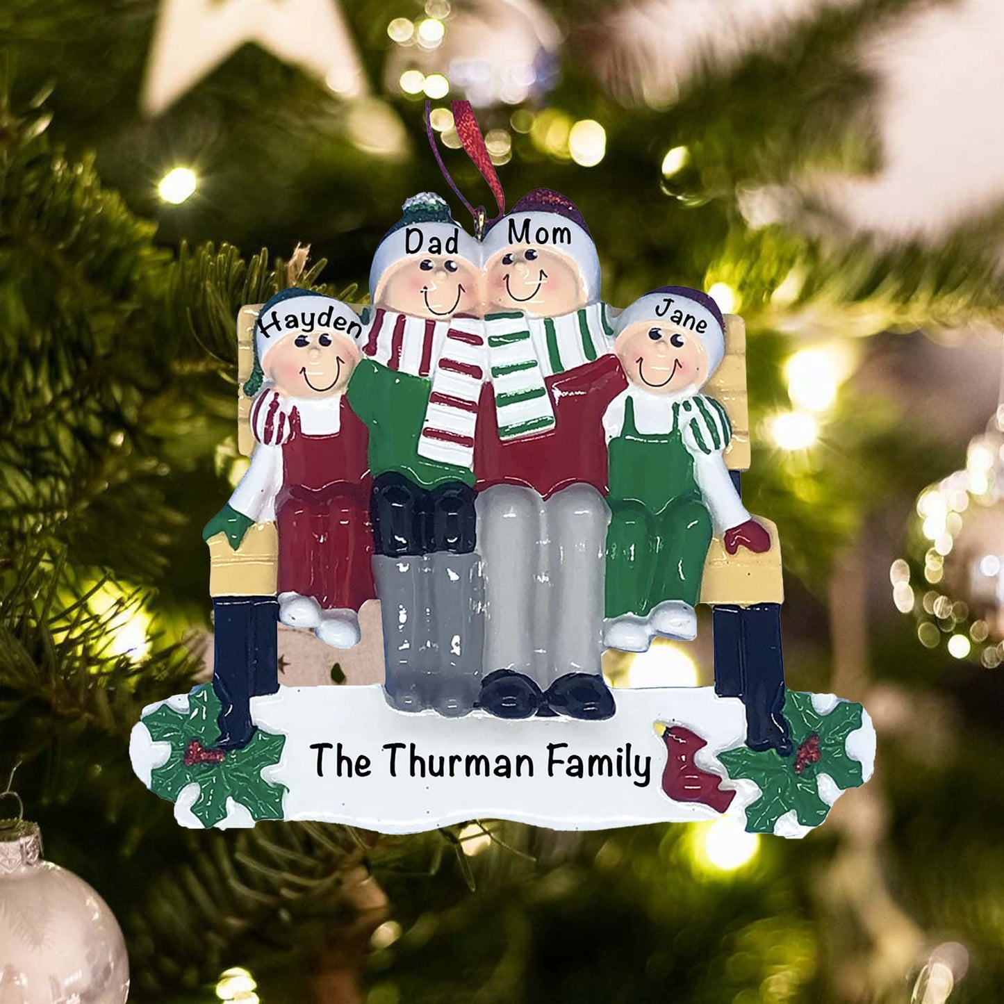 1609-4 Personalized Park Bench Family of 4 Christmas Ornament