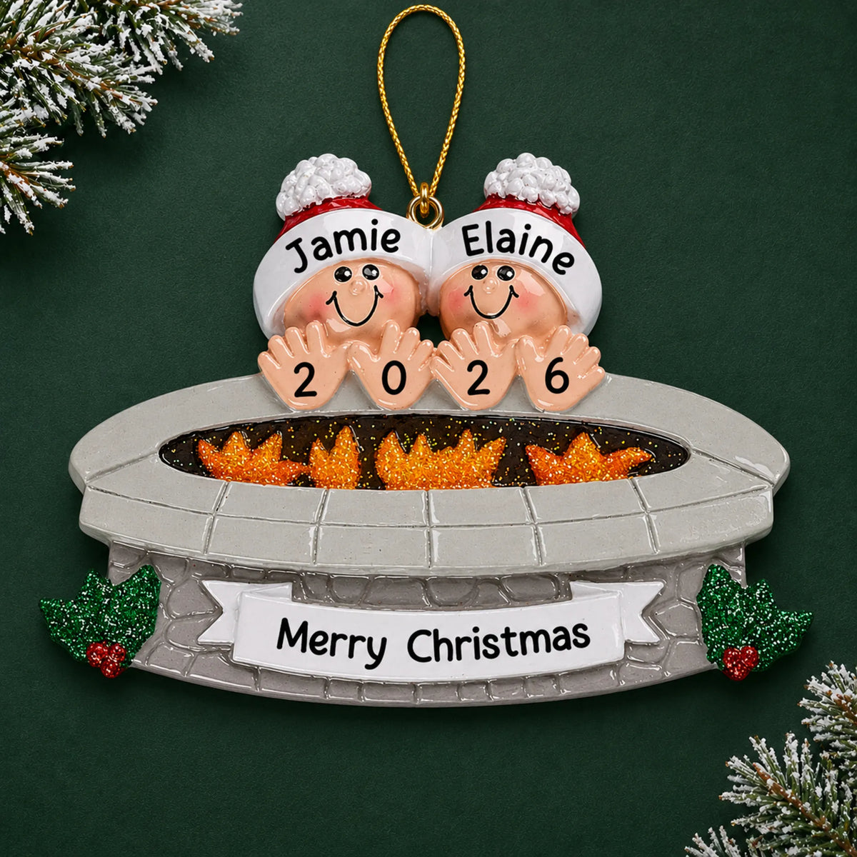 Personalized fire pit couple christmas ornament on a dark green pine background
