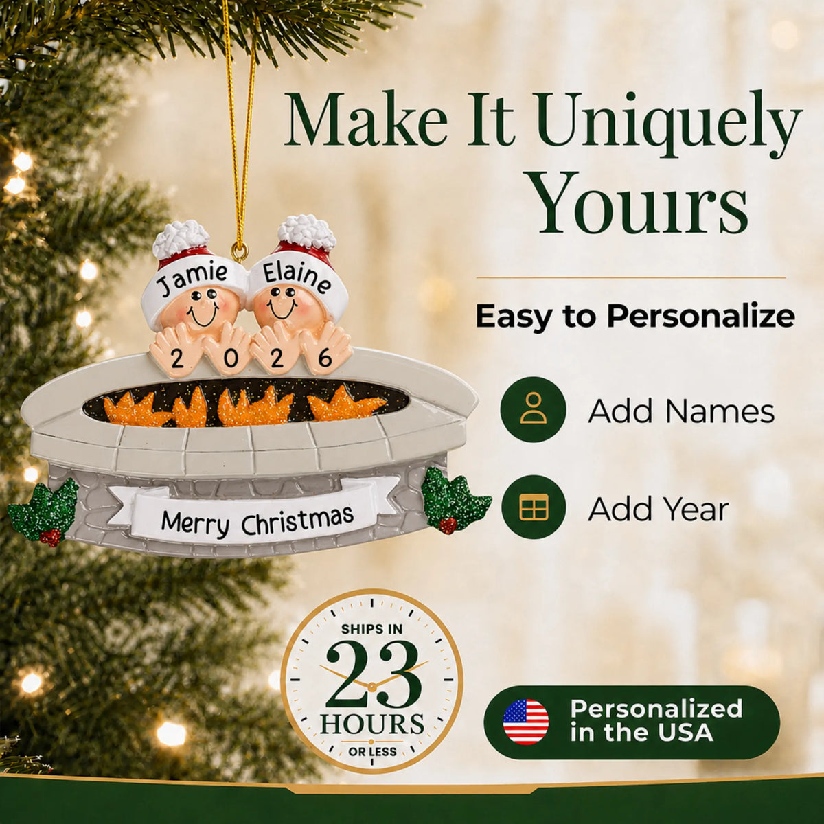Make it yours: add names to the personalized fire pit couple christmas ornament