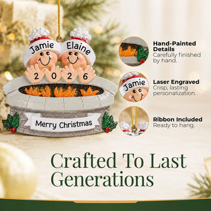 Hand-painted details and laser engraved personalization on the fire pit couple christmas ornament, ribbon included