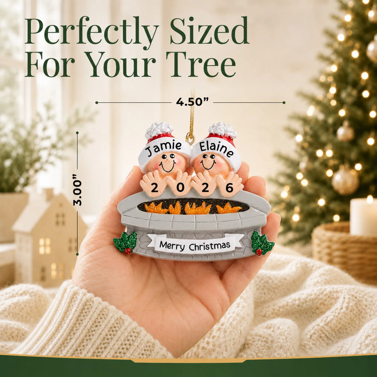 Size guide: the personalized fire pit couple christmas ornament is 4.50 in wide by 3.00 in tall, shown in hand