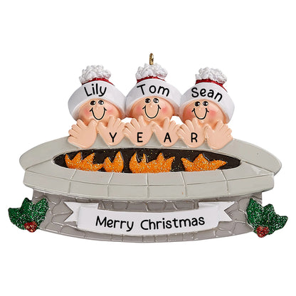 Personalized fire pit family of 3 Christmas ornament with three names, the year and a banner
