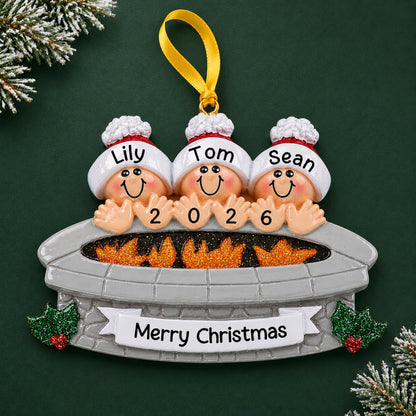 Personalized fire pit family of 3 christmas ornament, three figures with names and 2026 around a glowing fire pit