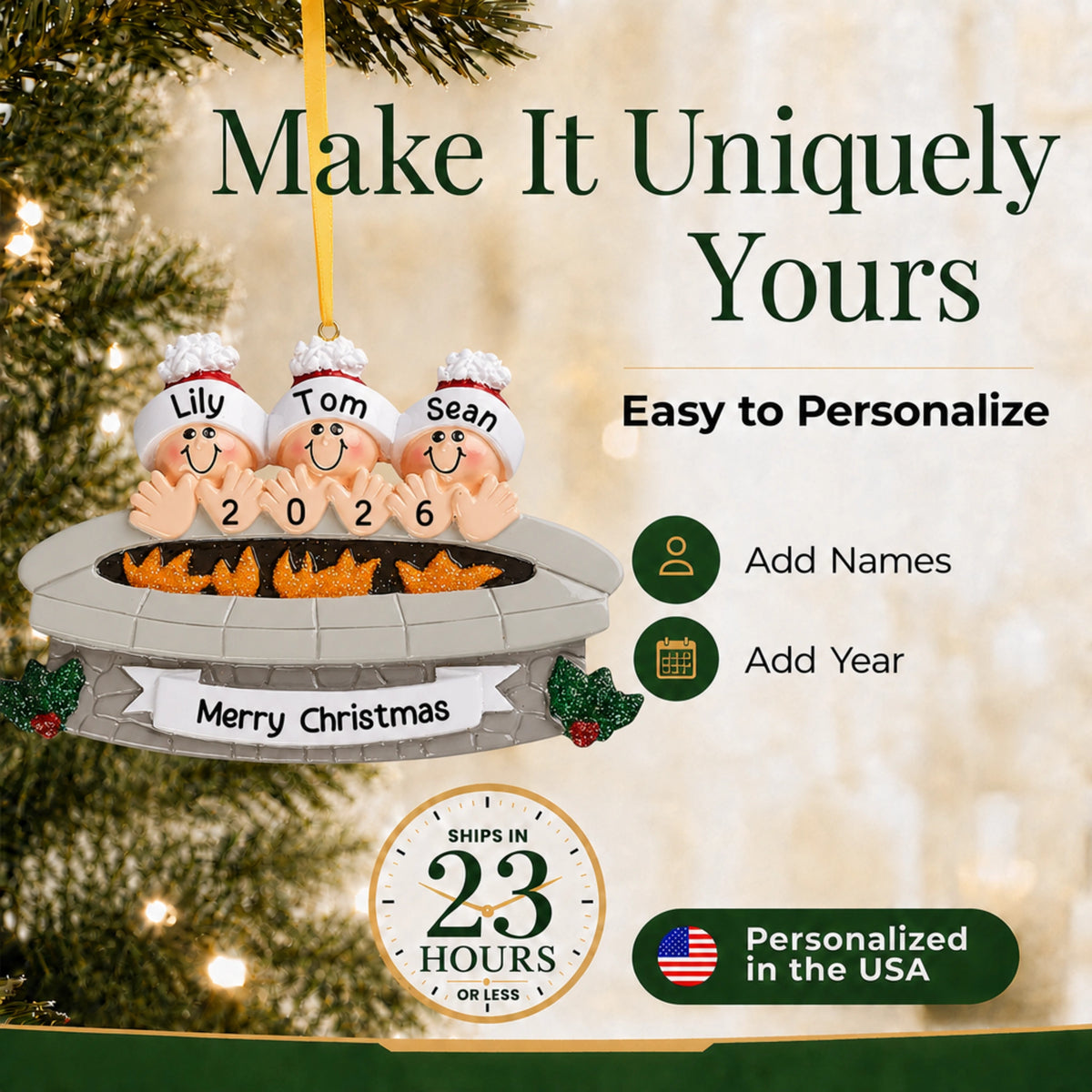Make it uniquely yours: personalized fire pit family of 3 christmas ornament, add names and year, ships in 23 hours