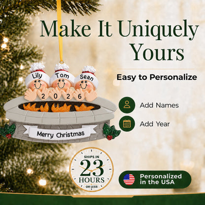 Make it uniquely yours: personalized fire pit family of 3 christmas ornament, add names and year, ships in 23 hours