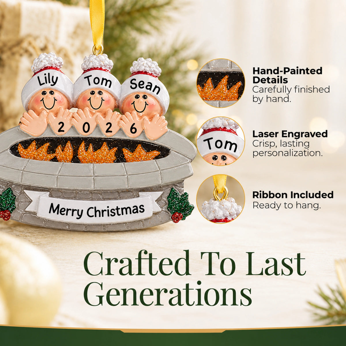 Crafted to last: hand-painted, laser-engraved personalized fire pit family of 3 christmas ornament with ribbon to hang