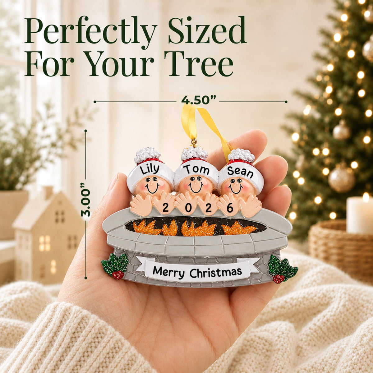 Perfectly sized for your tree, personalized fire pit family of 3 christmas ornament held in hand at about 4.5 inches