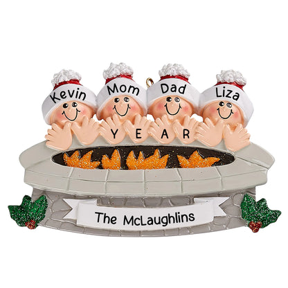 Personalized fire pit family of 4 christmas ornament with names