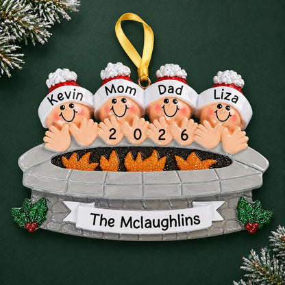 Personalized fire pit family of 4 Christmas ornament with four faces, names and 2026 on a family name banner