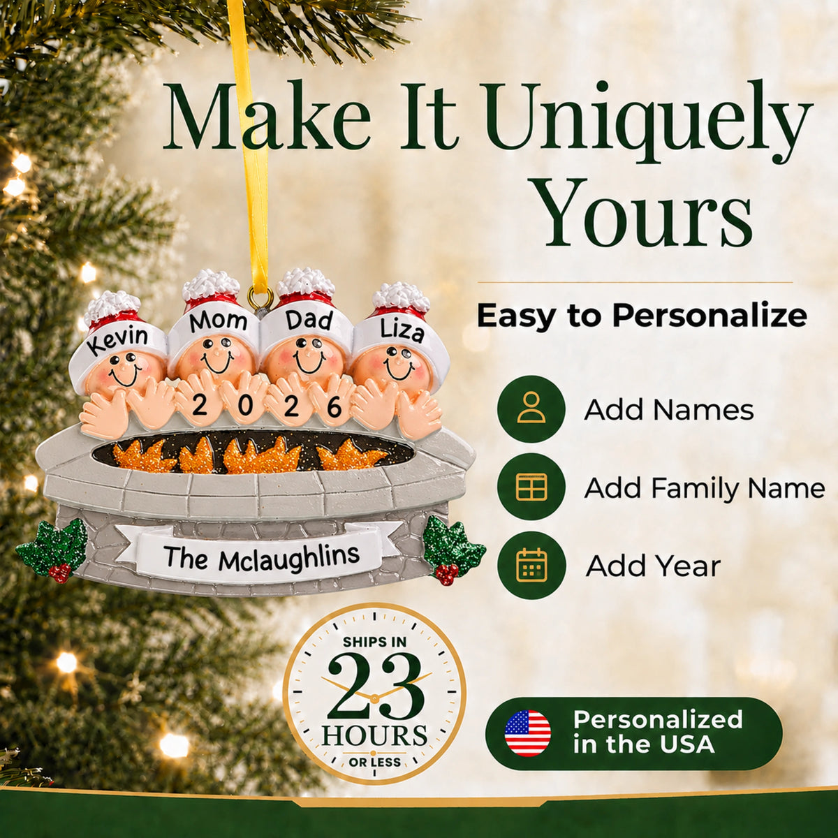 Personalized fire pit family of 4 Christmas ornament, add names, family name and year, ships in about a day