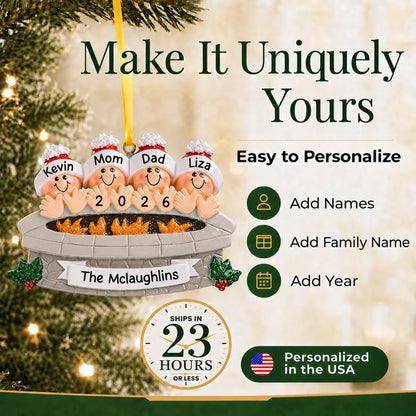 Personalized fire pit family of 4 Christmas ornament, add names, family name and year, ships in about a day