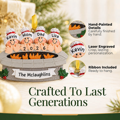 Hand-painted, laser-engraved personalized fire pit family of 4 Christmas ornament with ribbon, made to last