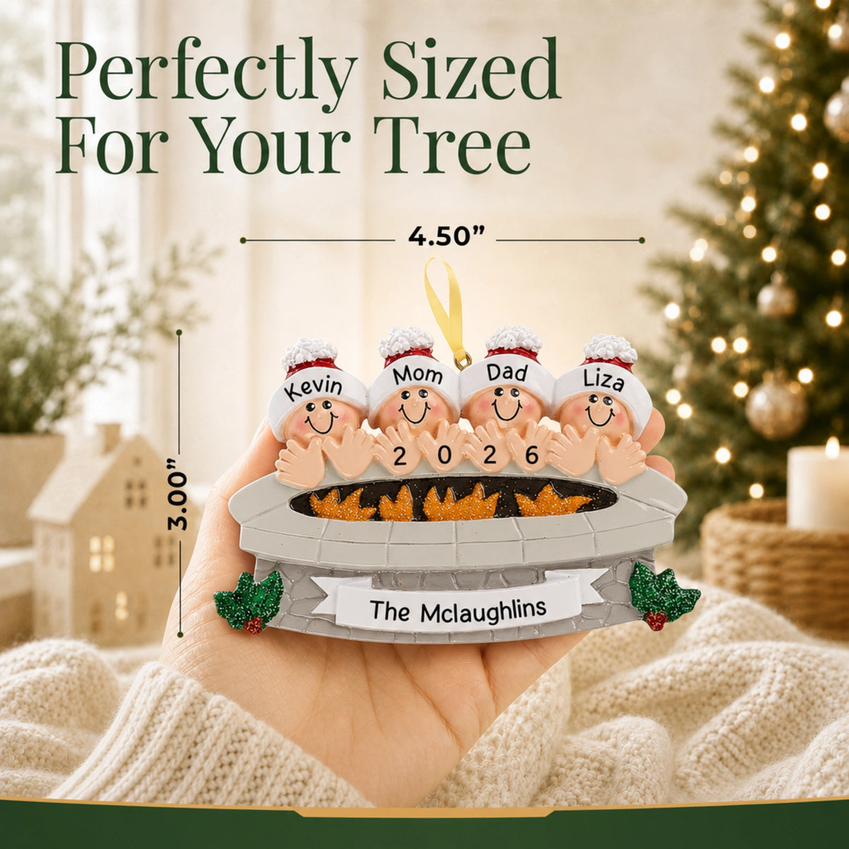 Personalized fire pit family of 4 Christmas ornament held in hand, about 4.5 inches, perfectly sized for your tree