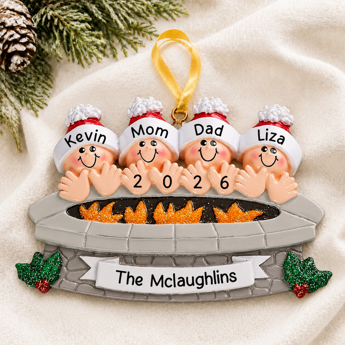Personalized fire pit family of 4 Christmas ornament hanging on tree with names and family banner