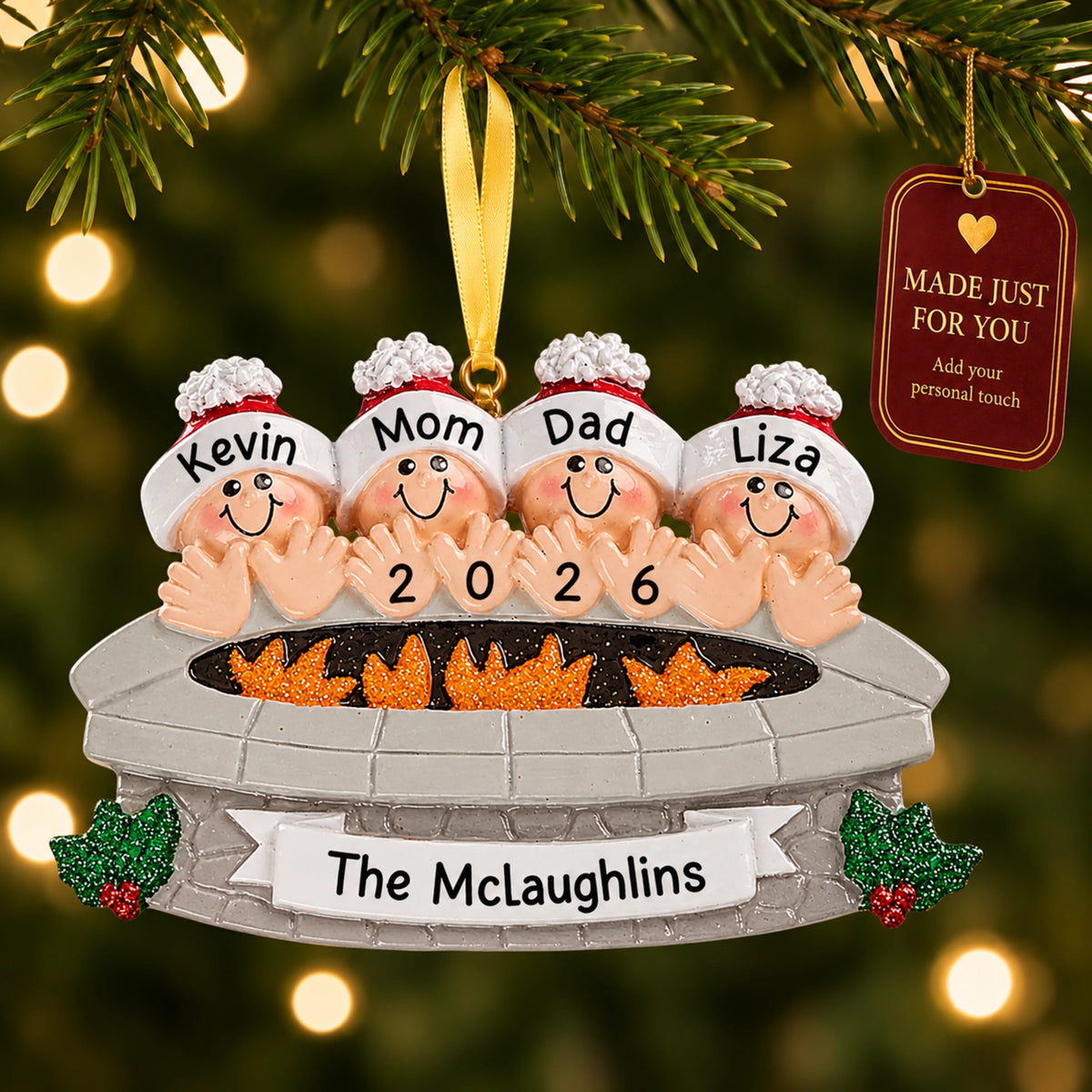 Personalized fire pit family of 4 Christmas ornament on tree with a Made Just For You gift tag