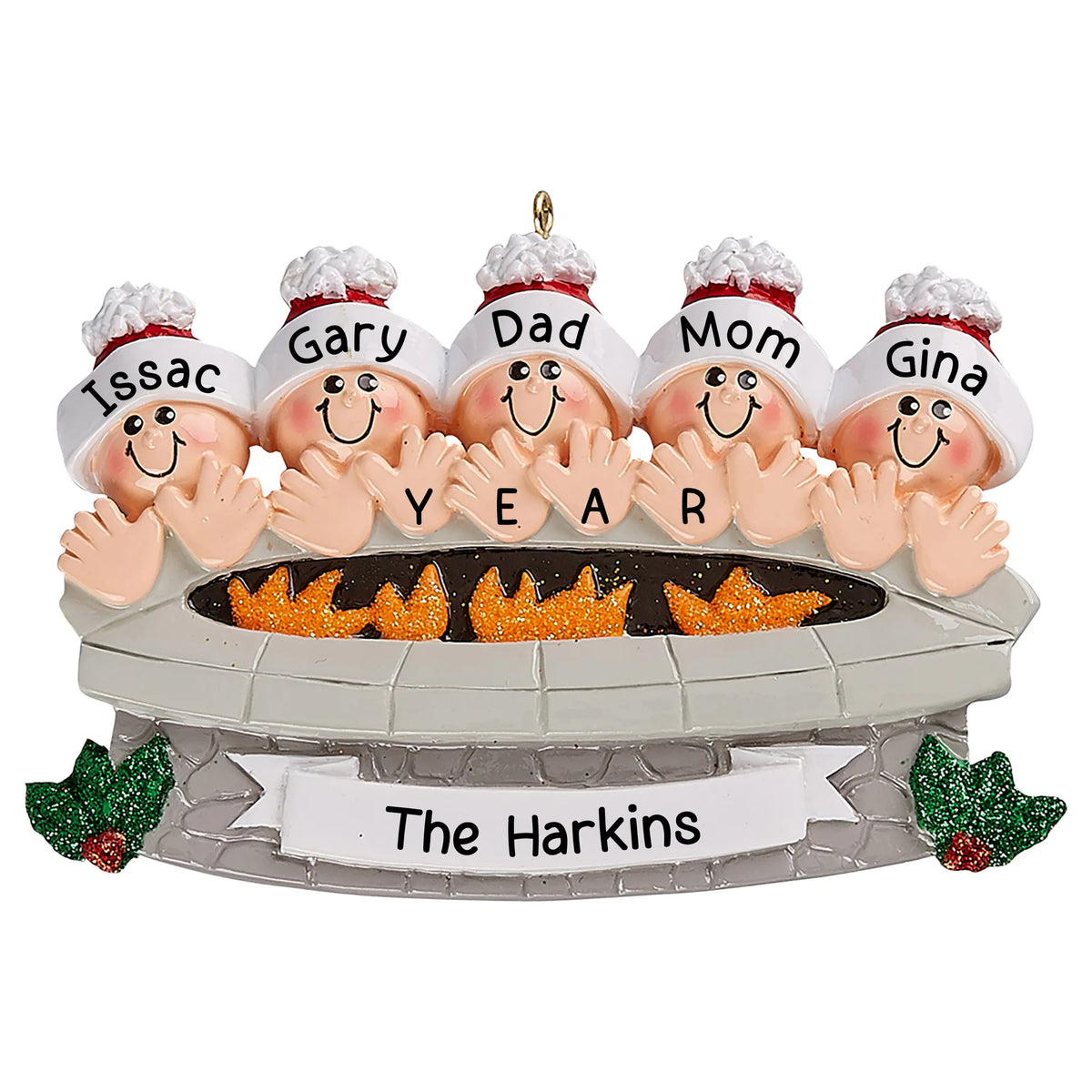 Personalized fire pit family of 5 Christmas ornament with five names, the year and the family name