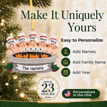 Make It Uniquely Yours: personalize the fire pit family of 5 ornament with names, family name and year