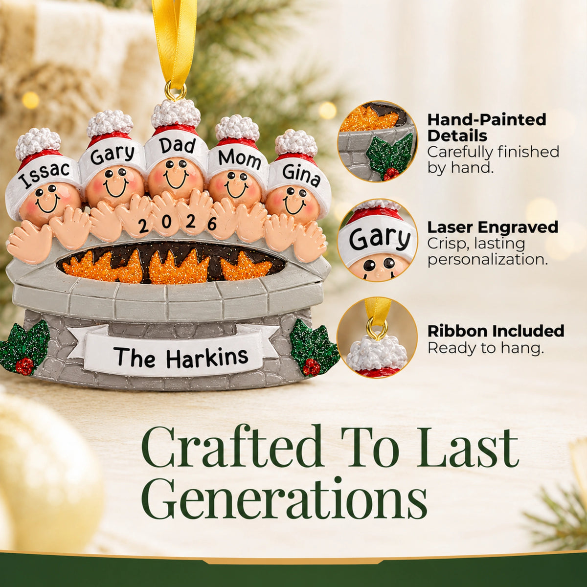 Crafted to last generations, hand-painted and laser-engraved fire pit family of 5 ornament with ribbon