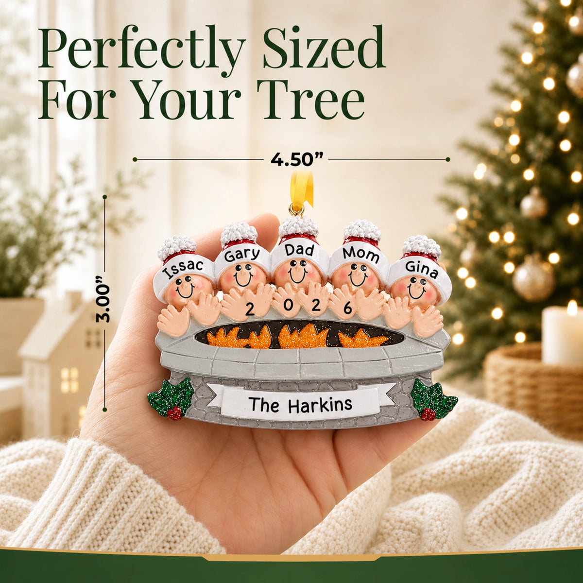 Perfectly sized at 4.50 by 3.00 inches, fire pit family of 5 personalized ornament held in hand