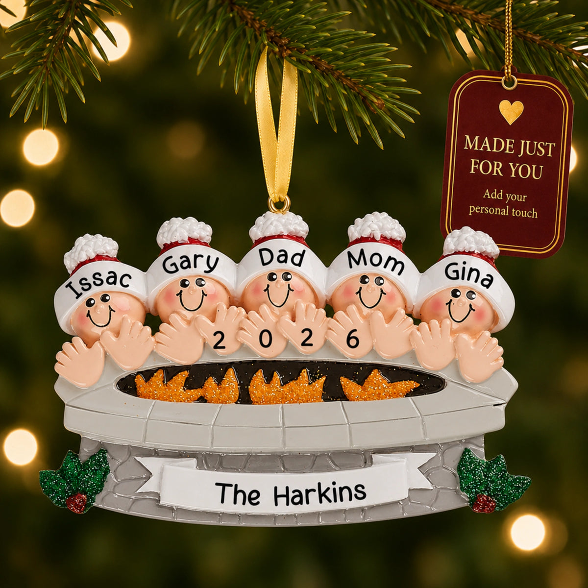 Personalized fire pit family of 5 christmas ornament on a tree with a Made Just For You gift tag