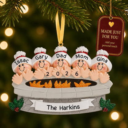 Personalized fire pit family of 5 christmas ornament on a tree with a Made Just For You gift tag