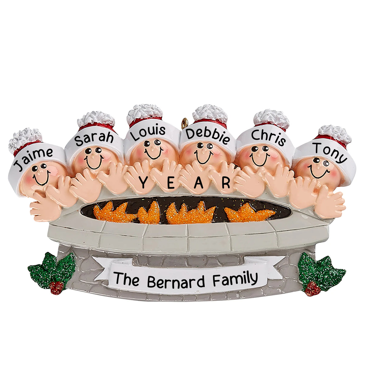 Personalized fire pit family of 6 Christmas ornament with six names, the year and the family name