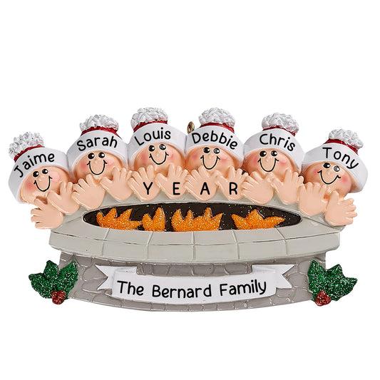 Personalized fire pit family of 6 Christmas ornament with six names, the year and the family name