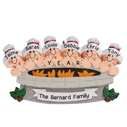 Personalized fire pit family of 6 christmas ornament with names